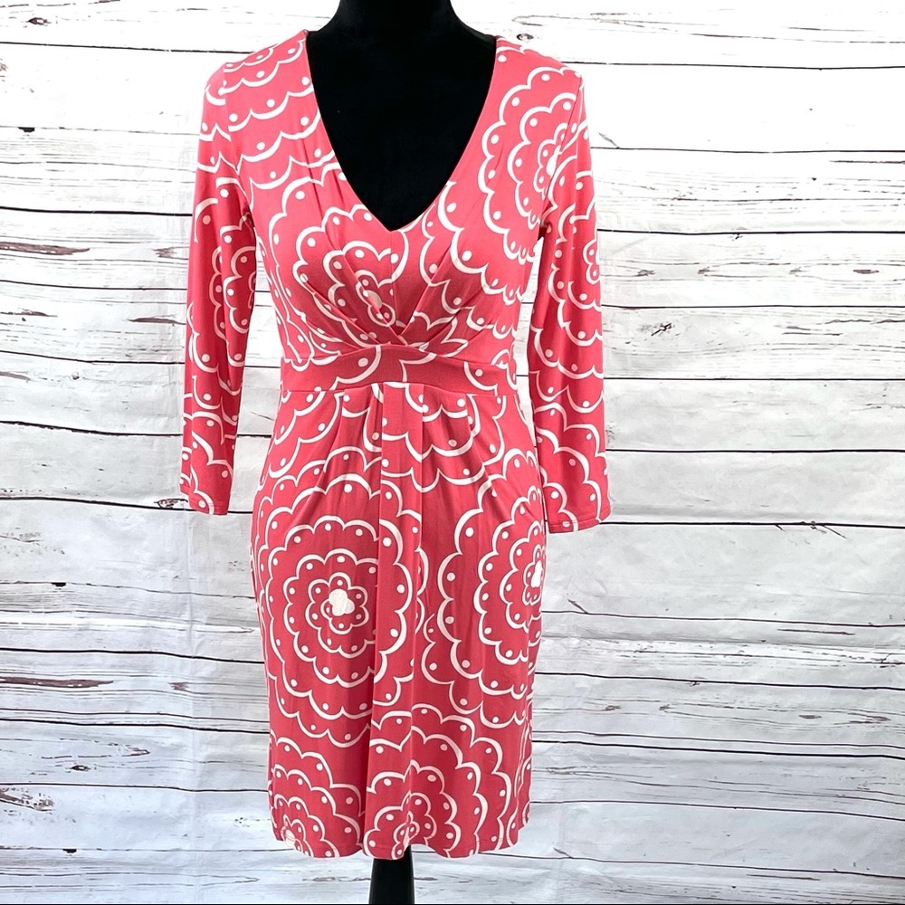 Boden Women’s V-Neck Jersey knit Dress 3/4 Sleeves Coral Floral Size 4